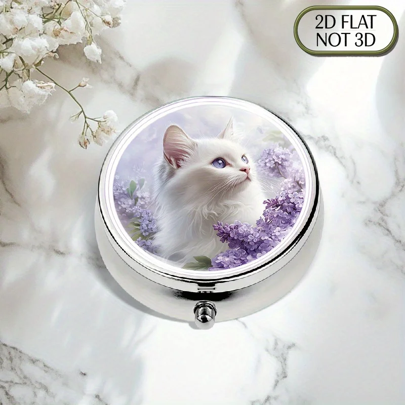 A Flat, Portable, Round Metal Pill Box, Decorated with a Beautifully Painted Pattern of a Ragdoll Cat and Lilac Flowers, with Three Compartments, Perfect for Organizing Medicines, Also Suitable for Storing Vitamins, Versatile in Use, Can Be Used to Store Small Accessories and Miscellaneous Items.