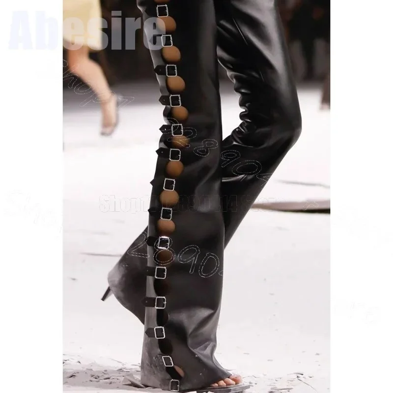 

Black Hollow Design Buckle Open Toe Sandals Boots Slip On Women Shoes Thin High Heels Sexy Party Runway 2025 Zapatos Para Mujere