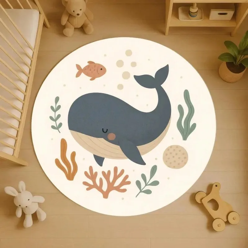 Whale Ocean Pattern Round Area Rug Carpet Coastal Marine Theme Home Decor Floor Cover Living Room Bedroom Lounge Accent Design