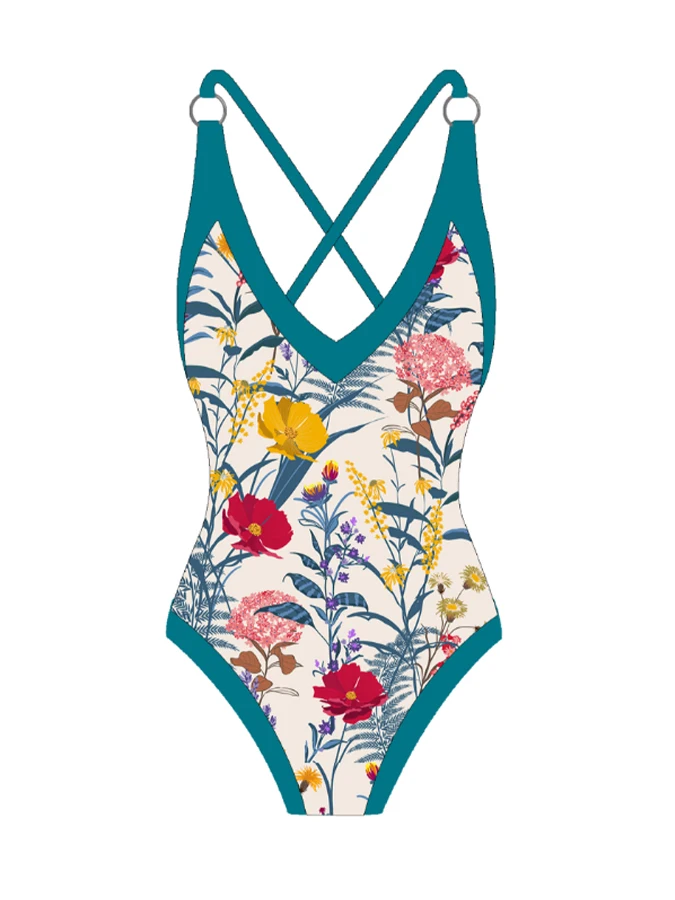 Traje de baño con estampado Floral para mujer, ropa de playa con cuello de pico, tirantes finos, estilo playero