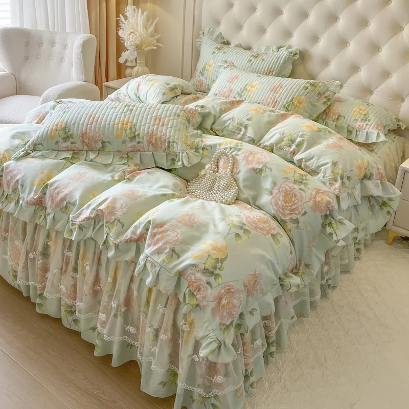 AI WINSURE-Printed Pure Cotton Bedding Set King Size, Queen King Size, 1 Lace Ruffle Fitted Sheet and 2 Pillowcases, 4-Piece Set