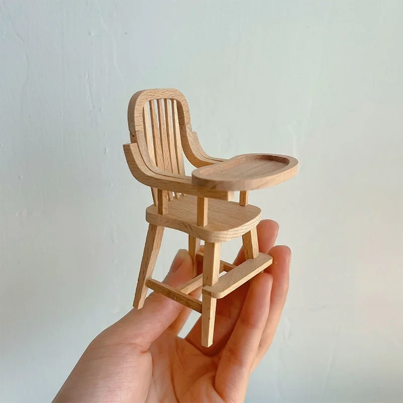 1/12 Scale Miniature Wooden Baby High Chair Model Realistic Dollhouse Furniture with Light Brown Wood Grain & White Accent