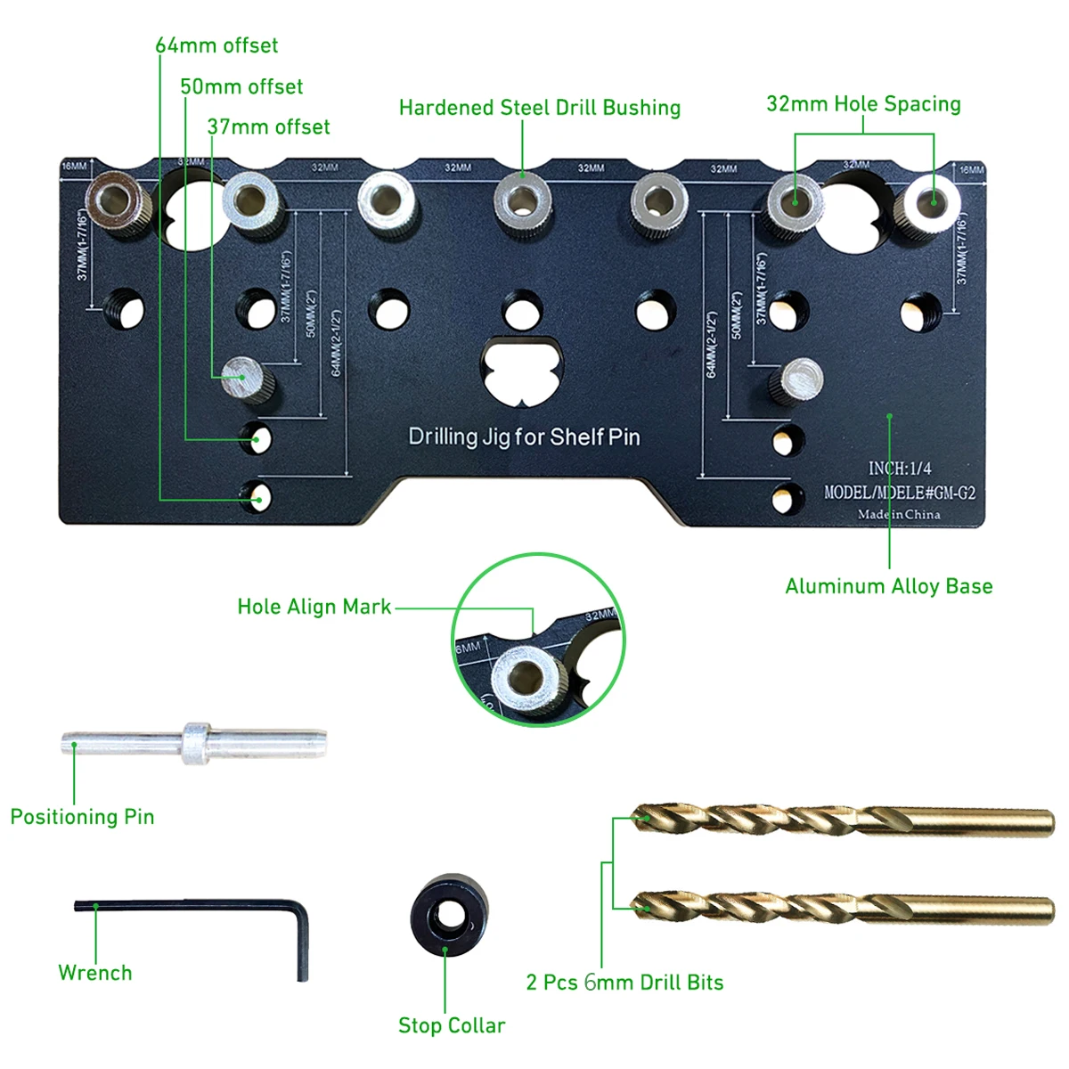 Shelf Pin Jig, 1/4 Inch Aluminum Alloy Shelf Pin Drilling Jig Drill Guide for Straight Holes Cabinet Hardware Jig Holes