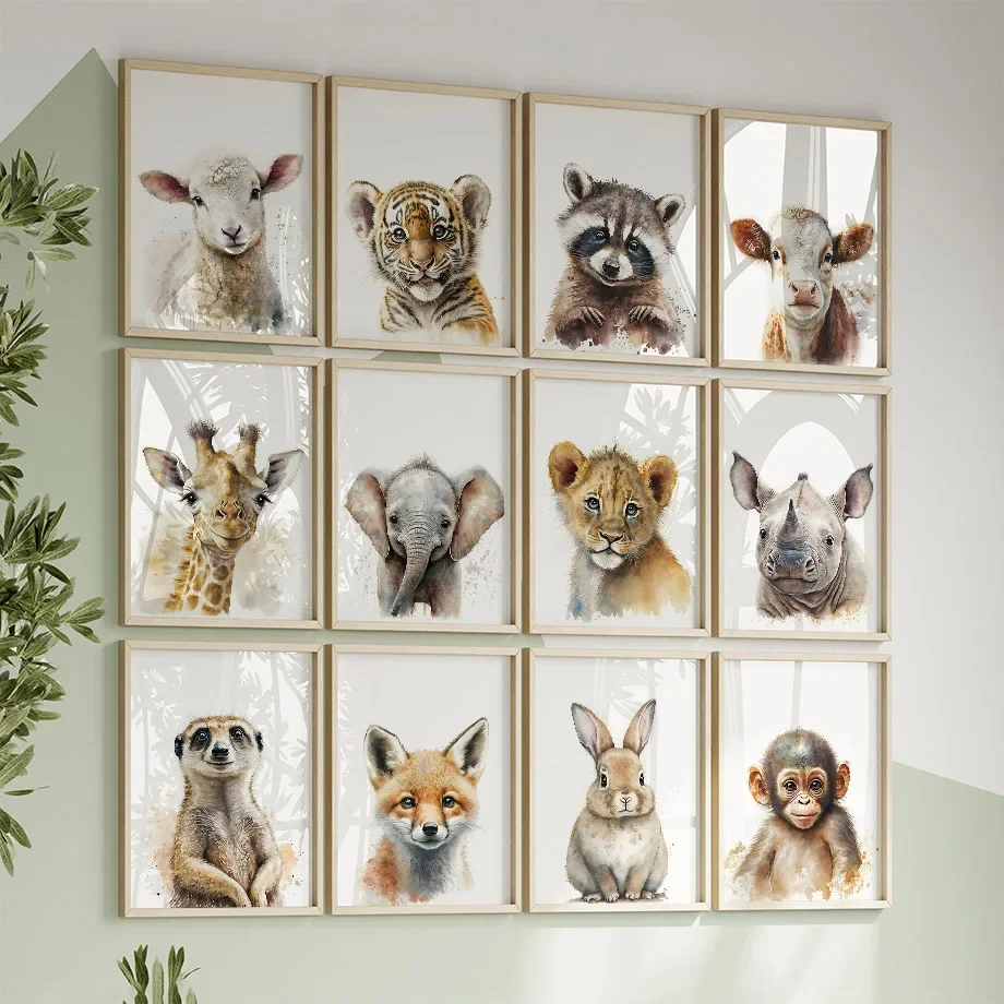 Girafa, León, mono, zorro, elefante, vivero, Animal, cuadro sobre lienzo para pared, carteles nórdicos e impresiones de imágenes, decoración para habitación de bebés y niños