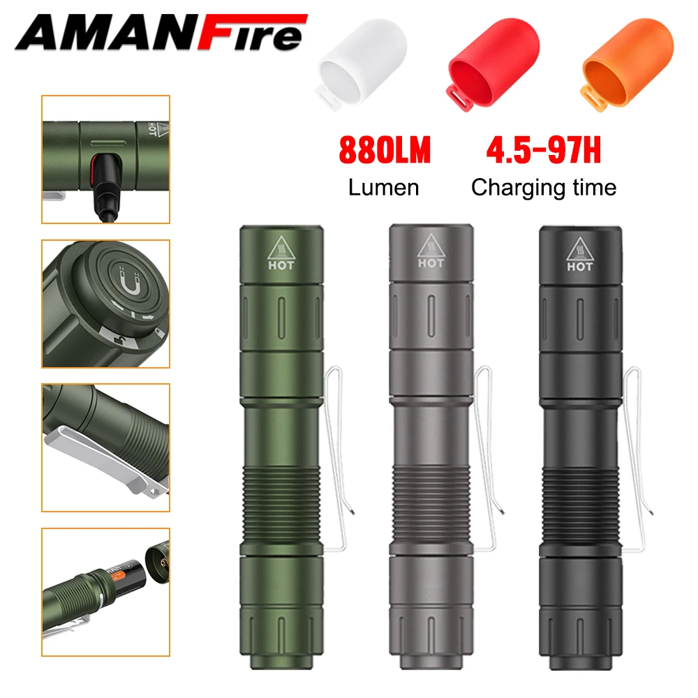 

Amanfire AK-S21 Tactical EDC LED Flashlight 880LM Strong Light With Free Gift 3*Silicone color changing lamp caps Waterpr