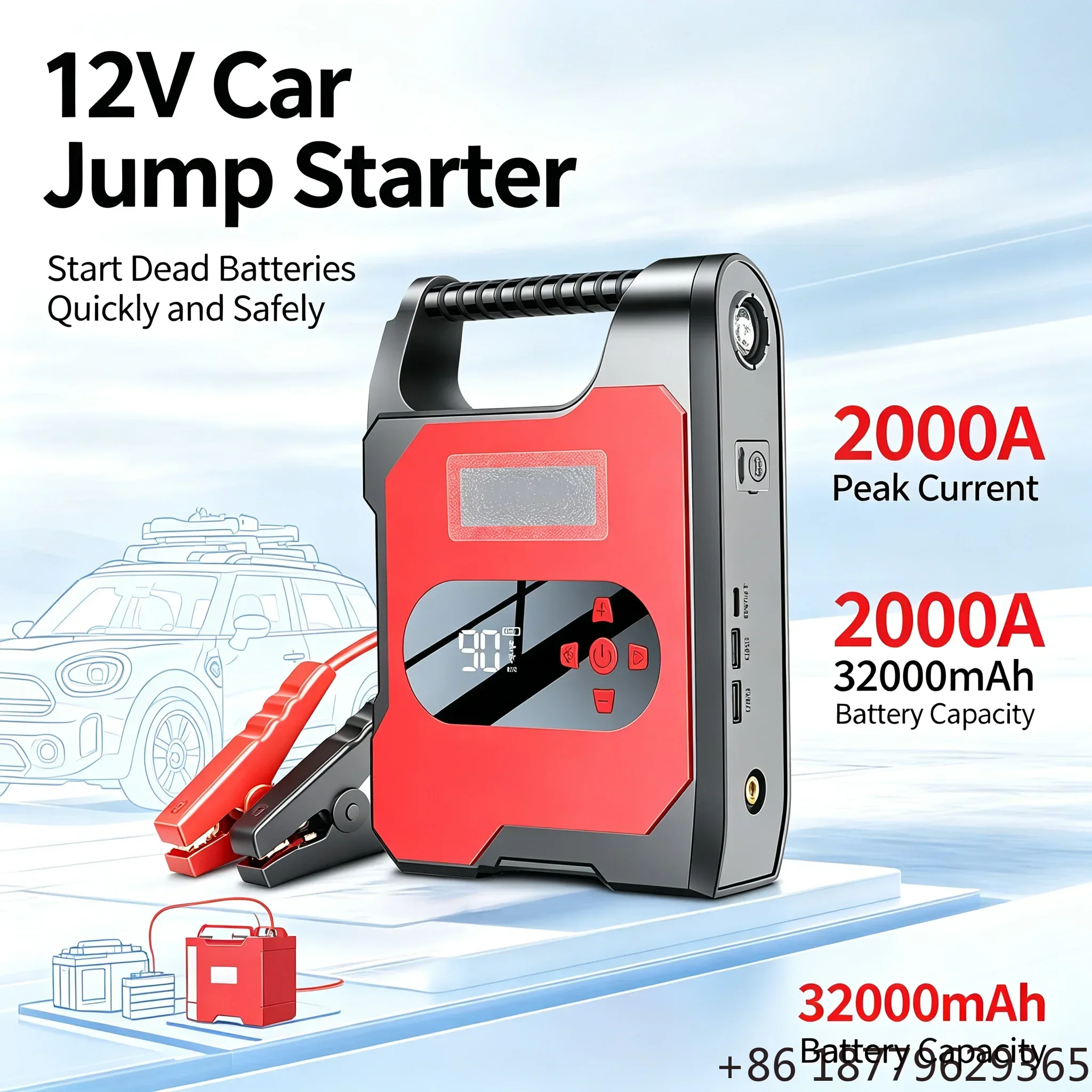 Car Battery Jump Starter 12V 2000A Portable Power Bank Booster Air Compressor Tire Inflator Vehicle Charger