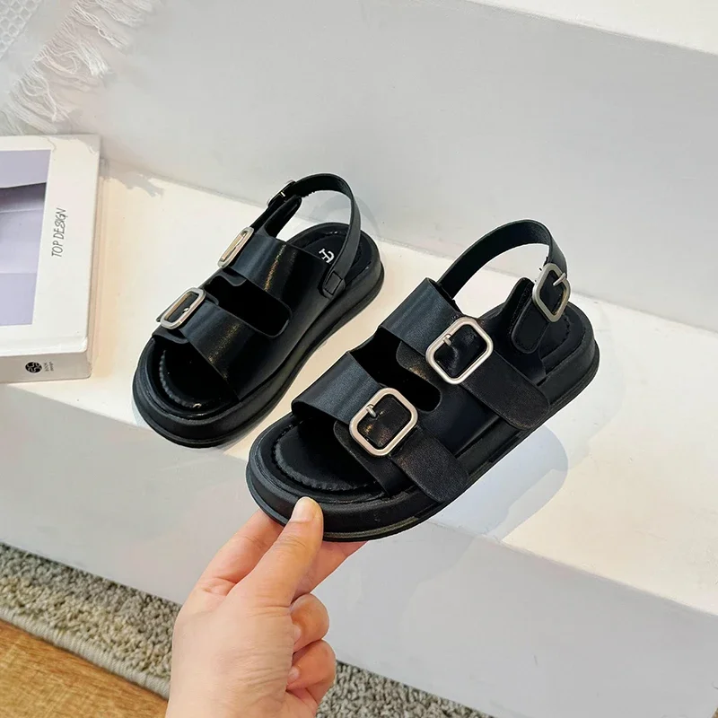 Children Casual Slippers with Buckle Kids Summer Beach Shoes Open-toe Classic Solid Color Boys Girls Retro Sandals 2024 New