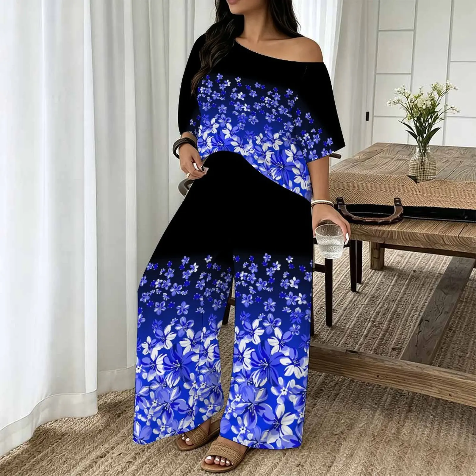 Plus Size Women Spring/summer Fashion Print Two Piece Off-shoulder  Round Neck T-shirt Casual Vacation Long Pants