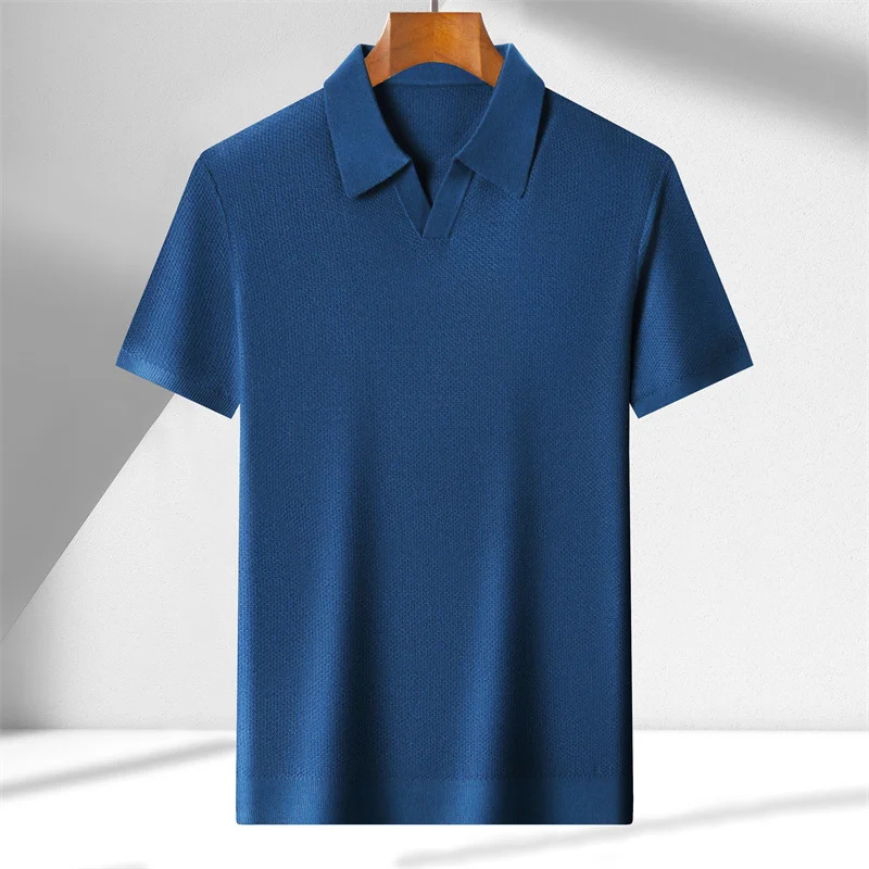 

Мужская дышащая одежда из лиоцелла, весенняя классическая тонкая трикотажная одежда с отложным воротником, топы из шелковой шерсти с короткими рукавами, пуловер, вязаная футболка