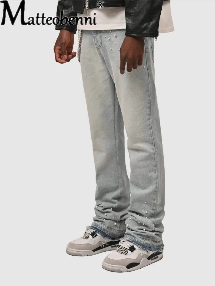 2025 Men's Punk Style Splicing Pocket Beading Large Straight Jeans Male Vintage Four Seasons Trousers Street Casual Denim Pants