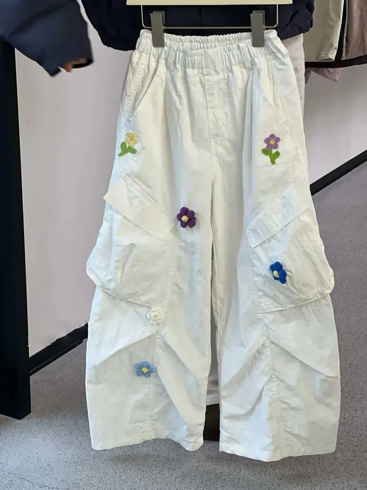 

Girls Wide Leg Workwear Pants Children's White Utility Trousers Summer Fashionable Long Trousers Big Kids Casual Pants