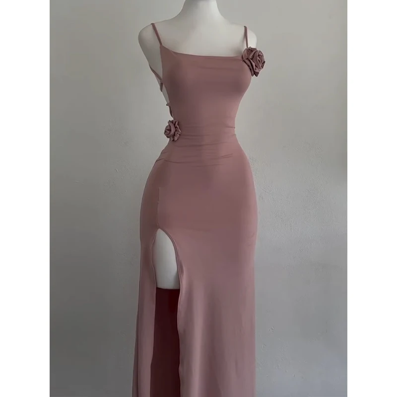 Sexy Sleeveless Slit Dress Openwork Elegant Three-dimensional Rose Slim Dress 2025 Summer Fashion Ladies Party Club Vestidos