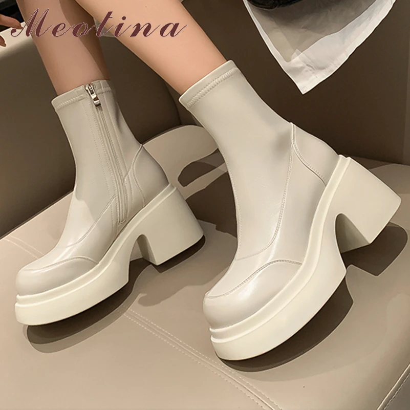 

Meotina Women Genuine Leather Ankle Boot Round Toe Platform Block High Heel Zipper Short Boot Ladies Fashion Shoes Autumn Winter