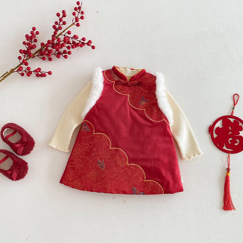 

Новогодняя одежда с хлопковой подкладкой для девочек, новинка 2025 года, зимнее плотное платье в стиле ретро для малышей, детский жилет в китайском стиле, юбка
