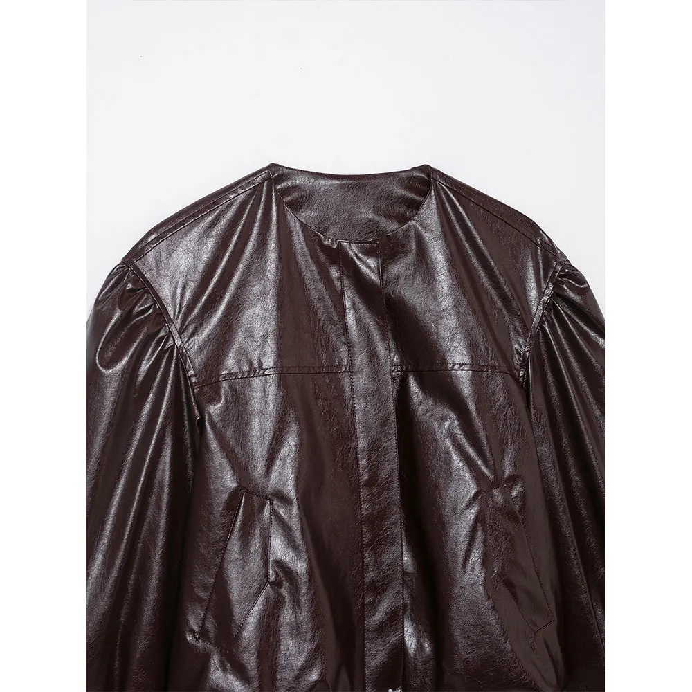 DUOPERI Women Fashion PU Coffee Bomber Jackets Casual O-Neck Long Sleeves Coats Female Elegant Chic Lady Outfits