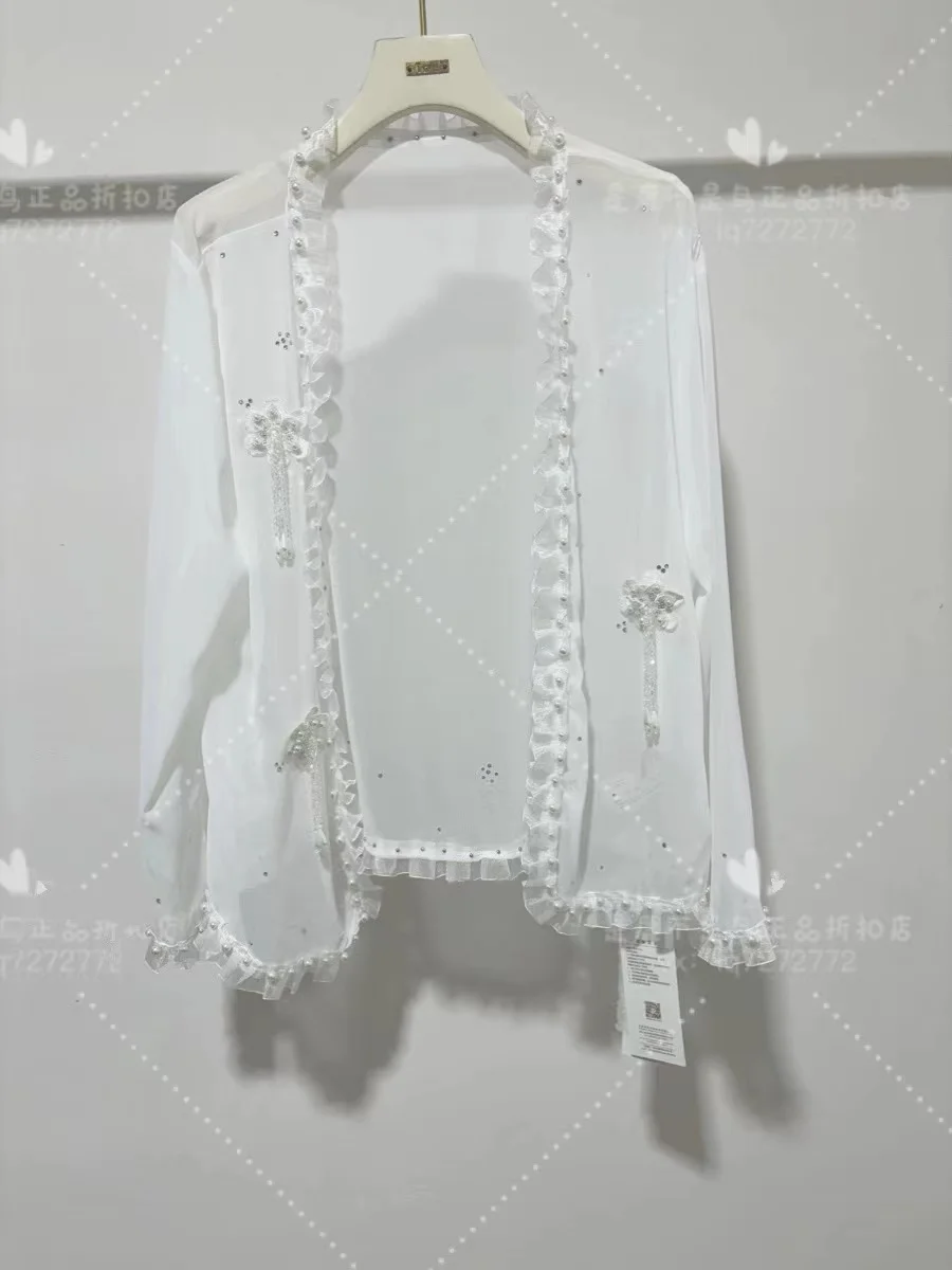 Luxury Beaded Tassel Chiffon Sunscreen Clothing Women Long Sleeve Ruffle Top Summer Air Conditioning Cover Up Casual Cardigan