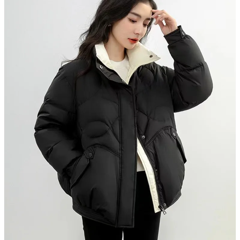 Winter Coat Female Thick Warm Short Down Coats 90 White Duck Down Color Collision Stand-up Collar Stylish Puffer Jacket Women