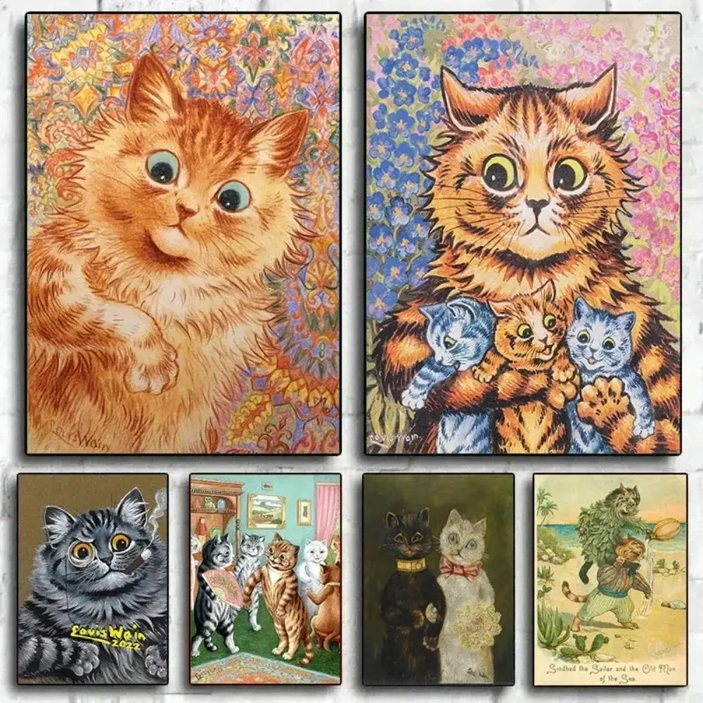 Vintage Louis Wain Cat Gathering Art Print  Canvas Wall Decor for Home