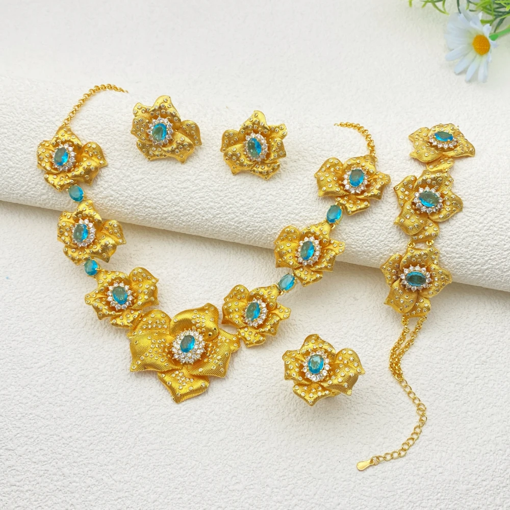 

Flora Luxury Wedding Jewelry Set Zirconia Gold Plated Copper Women's Bracelet Flower Shape Necklace Earrings Ring