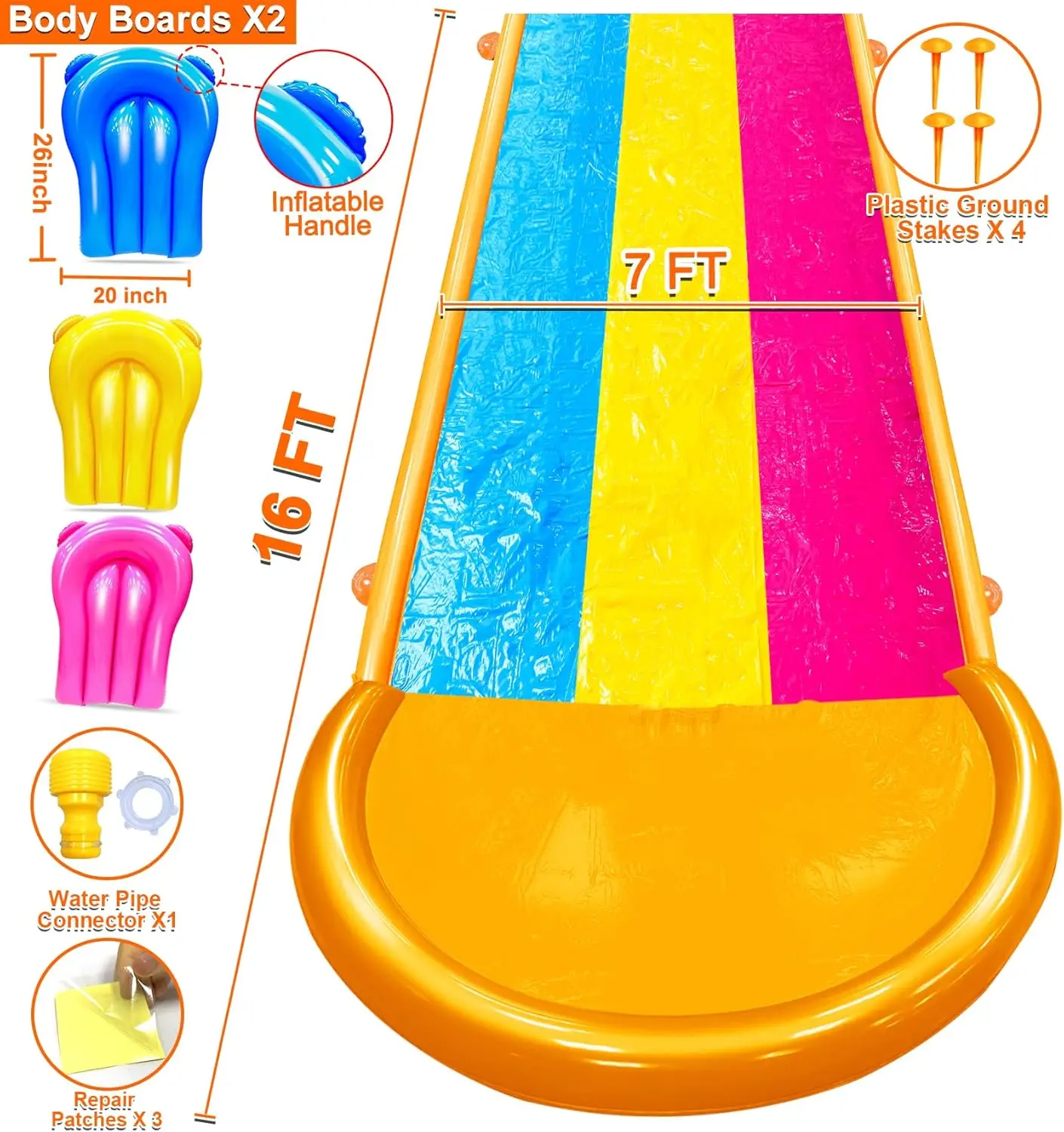 [3-zijdige Veilige Omheining] Extra Breedte Triple Slip Waterglijbaan Met 3-weg Sprinklers, Achtertuin Gazon Glijbanen En 3 Bodyboards Wi