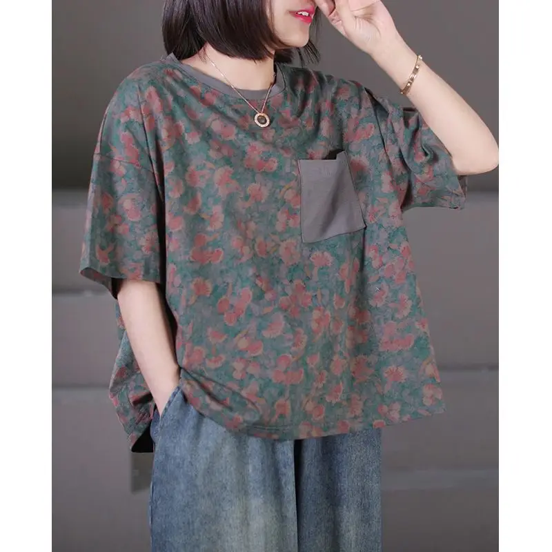 Women Summer Vintage Literature Loose Floral Cotton O-neck Short Sleeve Tshirt Women Clothes Casual Simplicity Large Size Tops