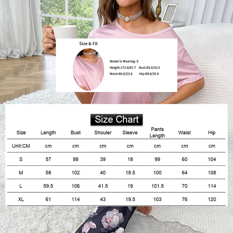 Women\'s Pajamas Set Super Soft Short Sleeve Pink Tops With Long Pants Sleepwear Floral Print Pyjamas Home Clothing Ladies Pijama