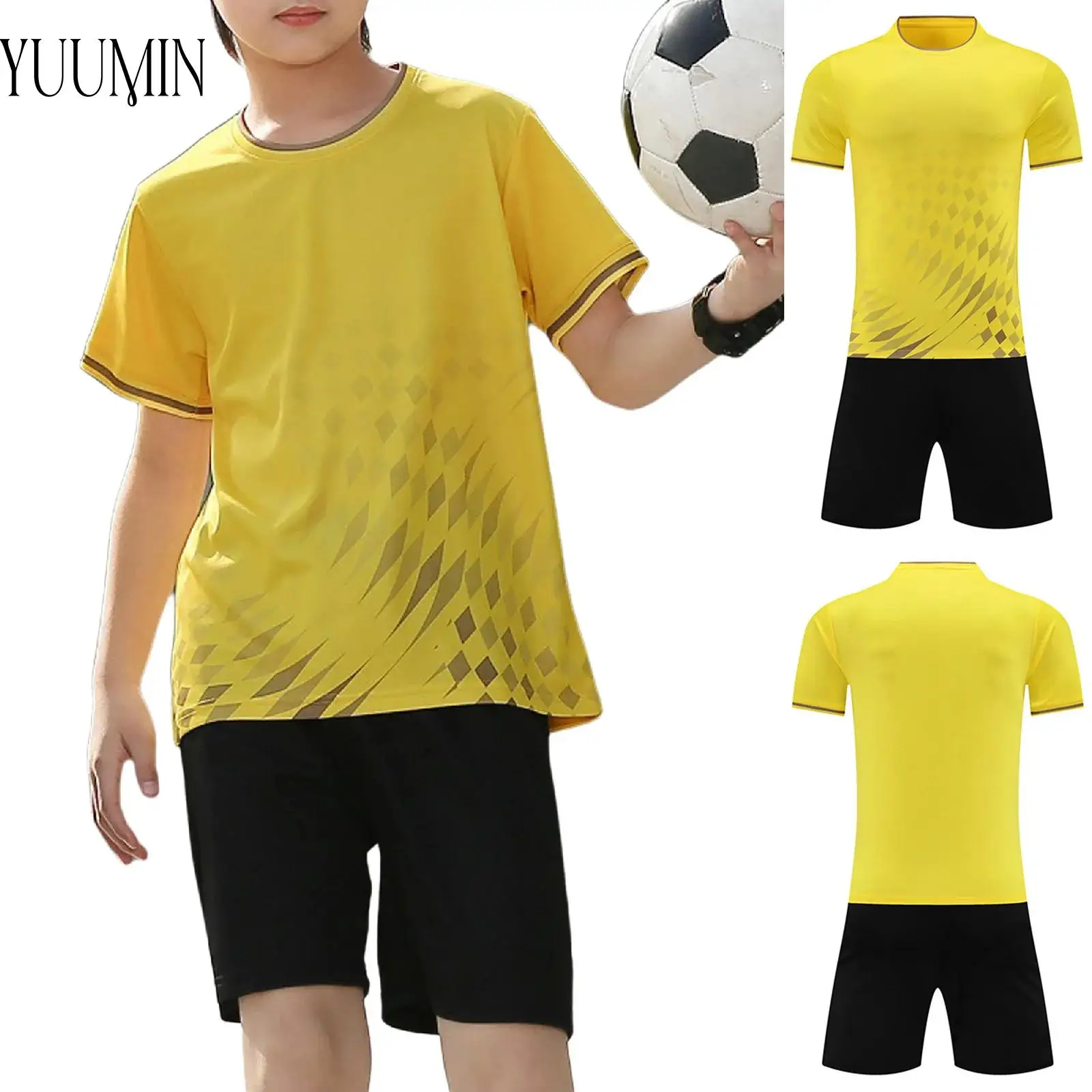 

Boys Moisture-Wicking Soccer Uniform Quick-Drying Sports Set Short Sleeve Geometric Printed Jersey Top+Shorts for Gym Workout