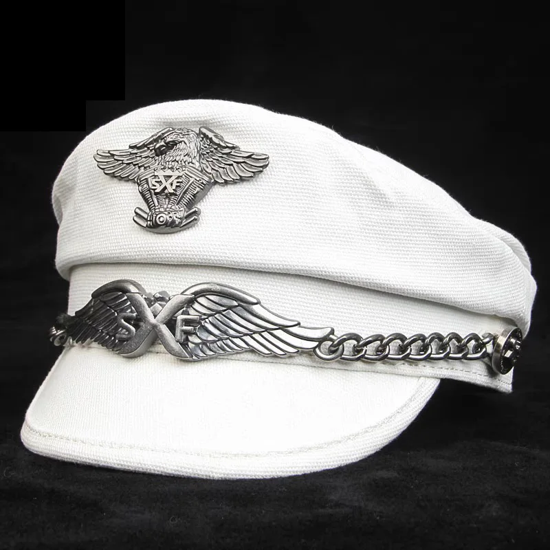 High Grade Canvas Marine Captain Hat for Men New Retro German Short Brim Flat Top White Military Caps Eagle Shield Navy Gorras