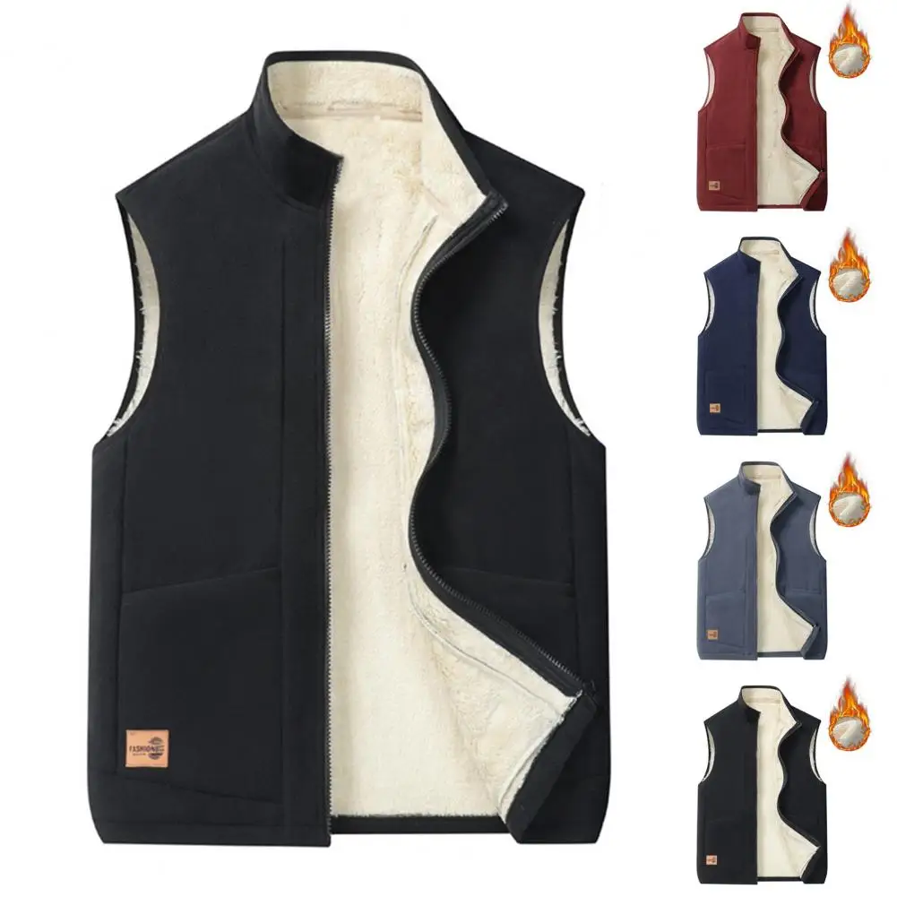 

Thickened Winter Vest Men's Winter Vest with Stand Collar Zipper Closure Plush Warmth Windproof Waistcoat for Cold for Extra