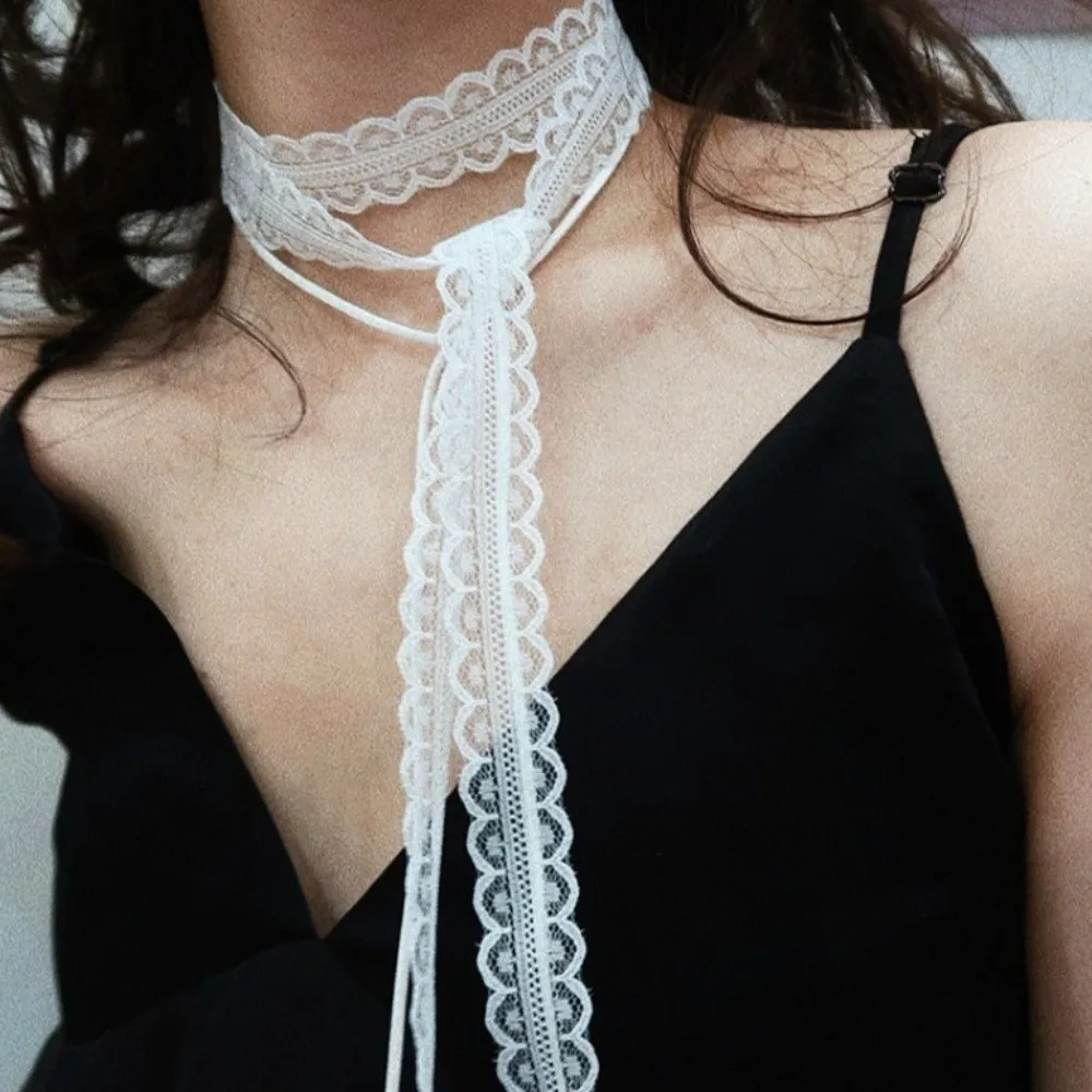 Sweet Lace Clavicle Scarf Flower Pattern Thin Mesh Ribbon Choker Necklace Bowknot Gothic Aesthetic Clavicle Chain Women Summer