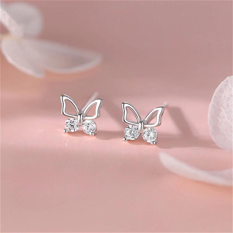 Sterling silver butterfly stud earrings with hypoallergenic zircon oxide setting - an elegant and delicate gift