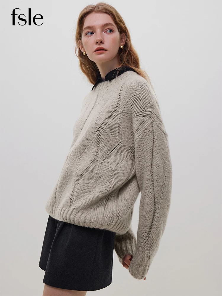 FSLE 20.9% Wool 19.1% Mohair Women Round Neck Solid Short Sweater Hollow Out Design Oatmeal Color Drop Sleeve Wool Sweaters