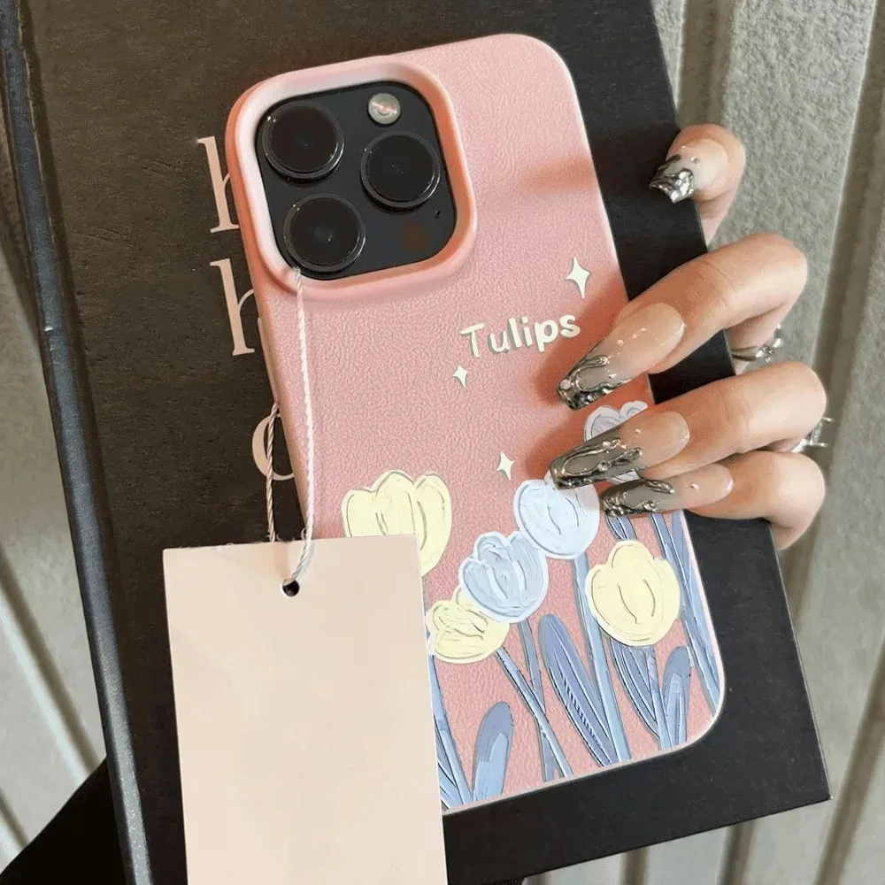 Tulip Flower Phone Case For iPhone 14 15 16 Pro Plus 11 12 13 Pro Max Shockproof Matte Candy Color Soft Leather Back Cover