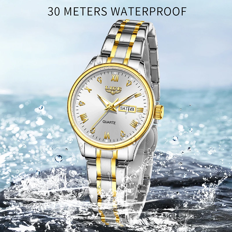 LIGE 새로운 여성 드레스 시계 여성을위한 패션 우아한 주간 날짜 석영 손목 시계 야외 스포츠 방수 빛나는 시계 여성