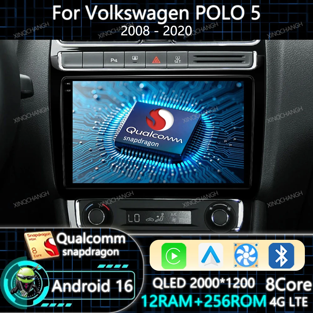 Android 16 Car Radio Carplay Auto For VW Volkswagen POLO 5 2008 - 2020 Qualcomm 4G WIFI GPS BT QLED Multimedia Video Player 2DIN