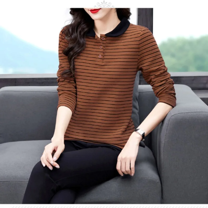 2024 Spring and Autumn Women's New Pullover with Doll Neck Panel Button Stripe Fashion Loose and Versatile Long Sleeved Tops