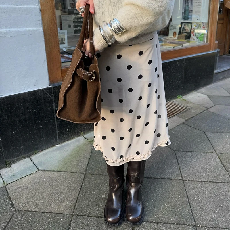 Combhasaki Y2k Coquette منقط/الصلبة ألف خط تنورة المرأة مثير شبكة شير انظر من خلال تنورة عالية الخصر أنيقة كشكش ميدي التنانير