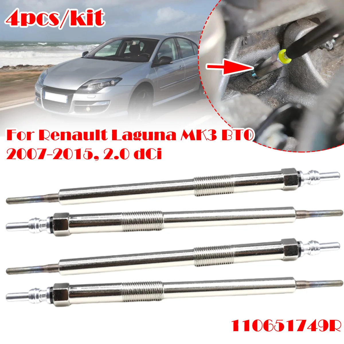 

4PC Diesel Heater Nickel Plating Glow Plugs 4.5V For Renault Laguna MK3 BT0 2007-2015 2.0 dCi 110651749R 110650819R 6221590001