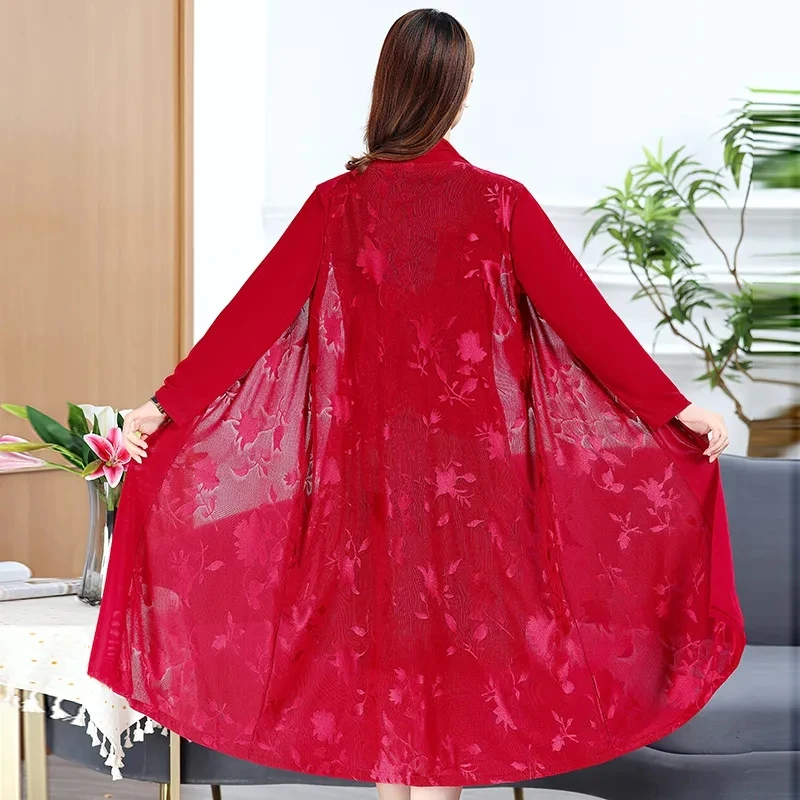 5XL Mesh Jacquard Windbreaker For Middle-Aged Women Long Shawl Cardigan Summer Mothers Sunscreen Clothes Thin Gauze Cloak Female