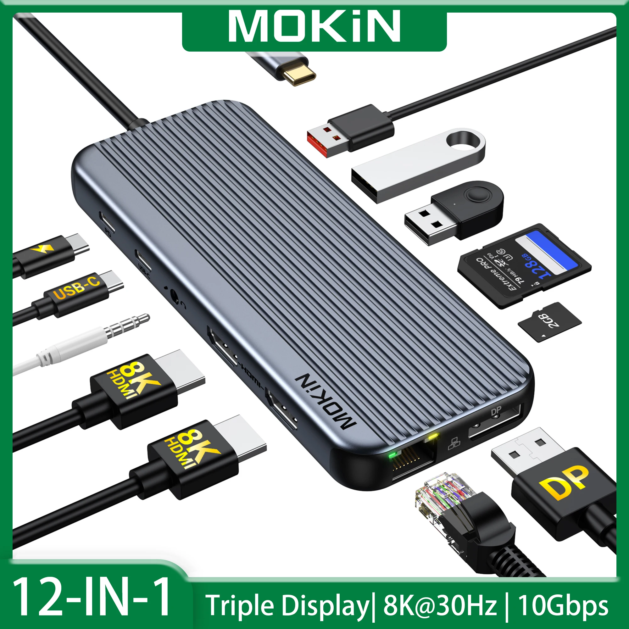 

MOKiN USB Hub Type C USB3.1 10Gbps Hub Adapter Triple Display 4K/8K HDMI/VGA/DP 100W PD Docking Station for MacBook Pro Air PC