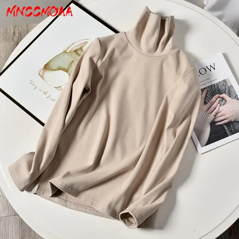 MNCCMOAA-Women's Casual Long Sleeve Top, High Collar, Slim Pullovers, Monochromatic, Female Fashion, Autumn, Winter