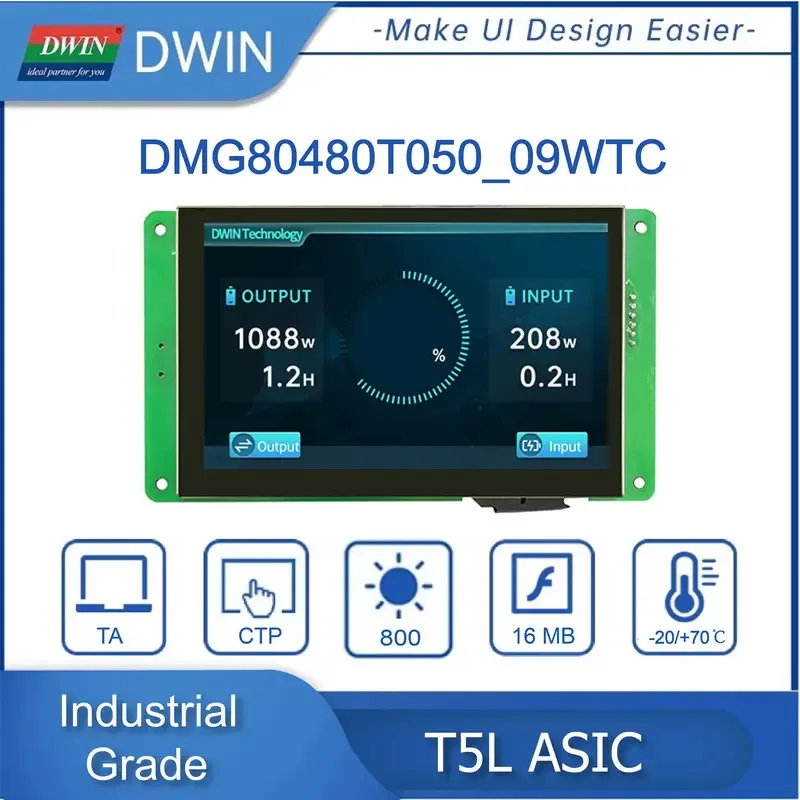 DWIN 5,0 inch 800*480 HMI/TFT/LCD/IPS Model: DMG80480T050_09W (industriële kwaliteit) RTC/Buzzer TTL/RS232 UART2/UART4