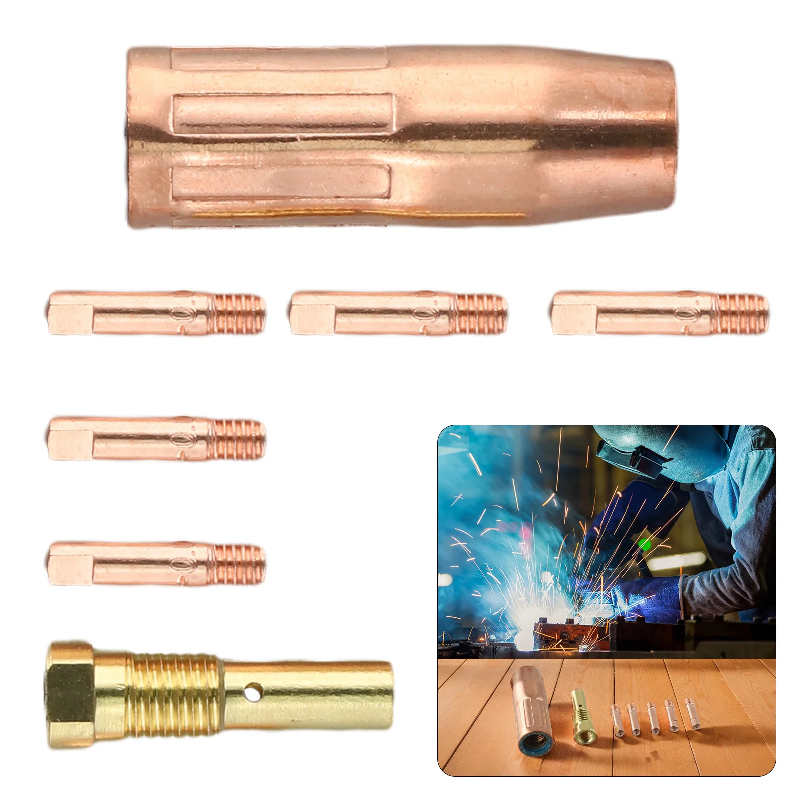 7pcs/set 0.6/0.8/0.9/1.0/1.2mm Airless Nozzle For MIG Welding Flux Core Gasless Brass Nozzle Tips Welding Accessories