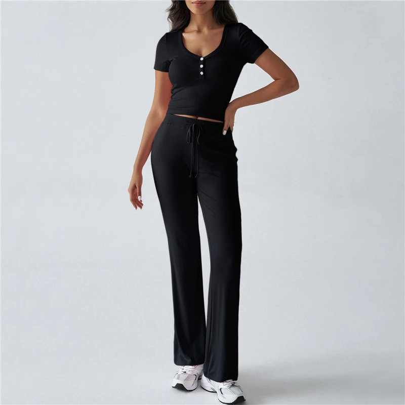 Feminino 2 peça outfits primavera verão casual cor sólida colheita manga curta henley camisa e cordão queimado calças conjunto streetwear