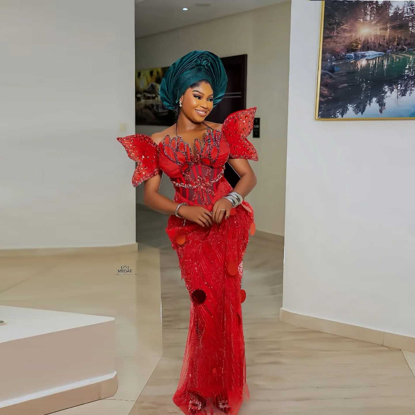 麻生海老レッドプロムドレスイブニングドレスビーズフォーマルガウンチュールマーメイドオフショルダービーズクリスタルプロムドレス