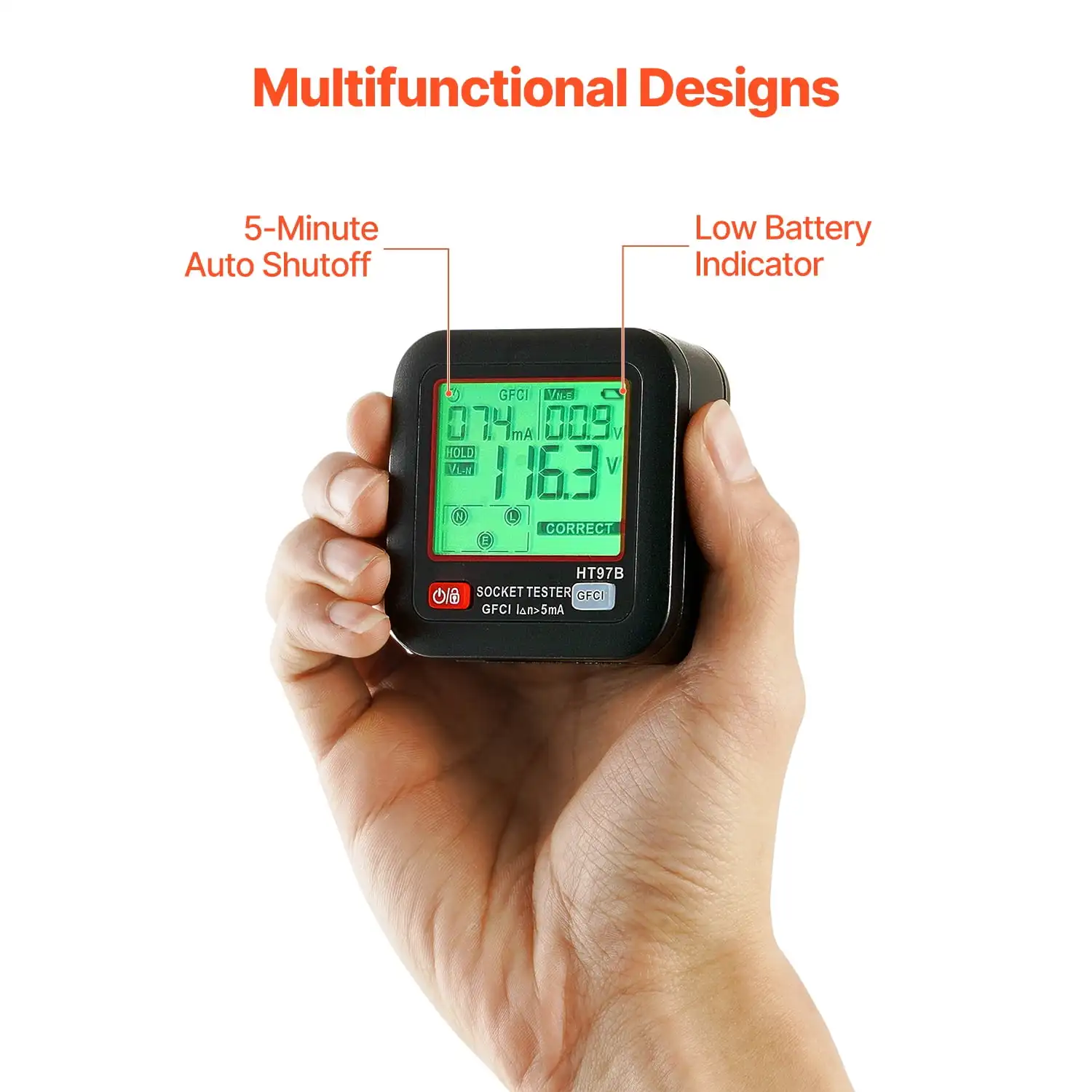 جهاز اختبار مخرج KFFKFF GFCI مع شاشة رقمية، كاشف خطأ الأسلاك للمقابس ذات 3 دبابيس، إيقاف تشغيل تلقائي