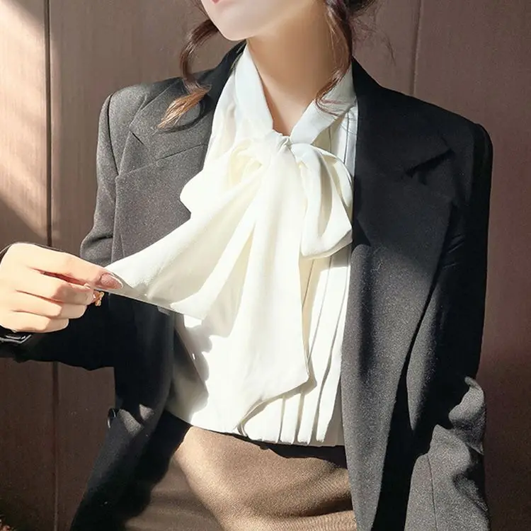 

Elegant Women Clothing Long Sleeve Bow Collar Office Lady Blouse Tops Women Korean Youth Women's Blouses