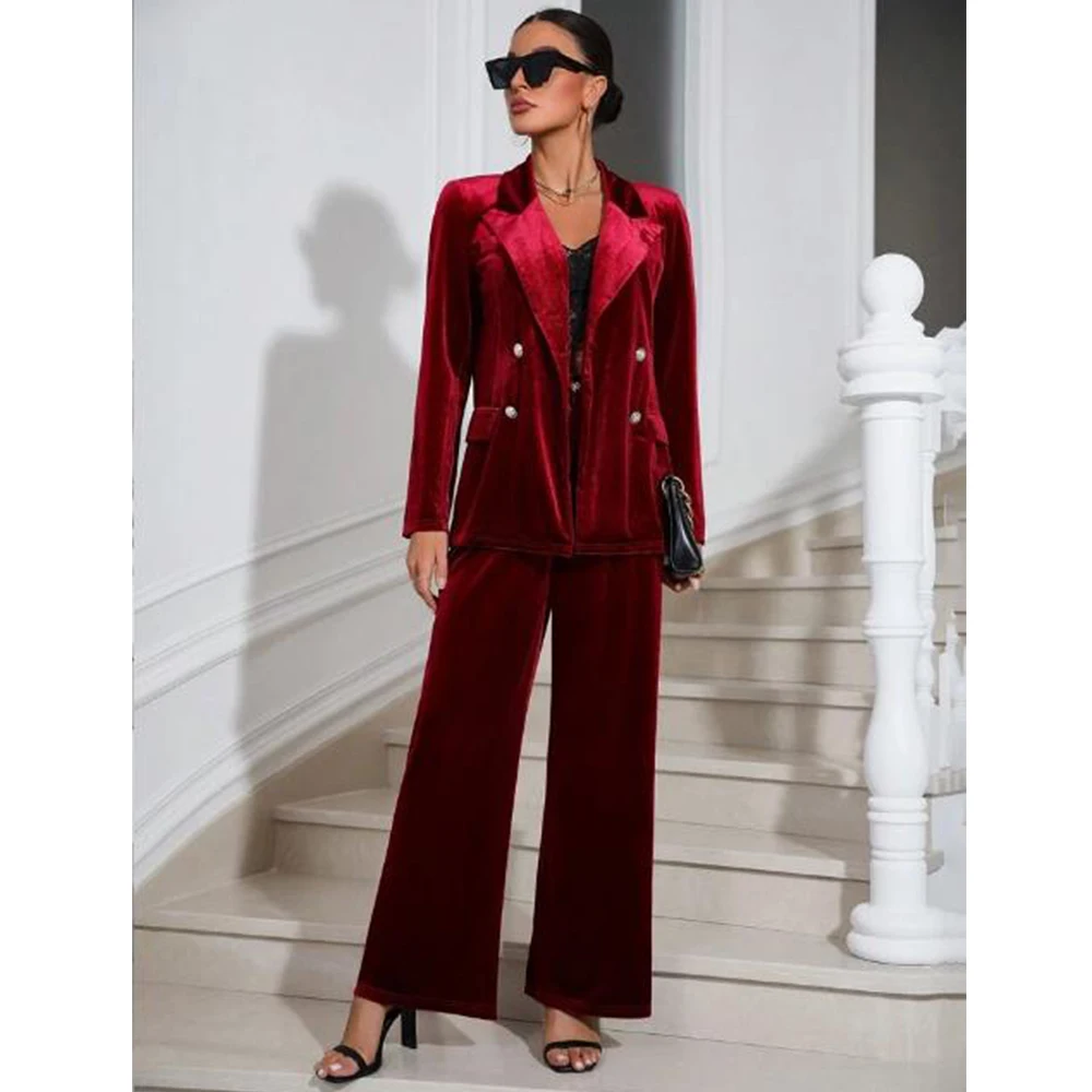 Women\'s Set Woman 2 Pieces Ladies Elegant Suit Pants Jacket Two Piece Velvet Business Work Wear Double Breasted Sets for Women