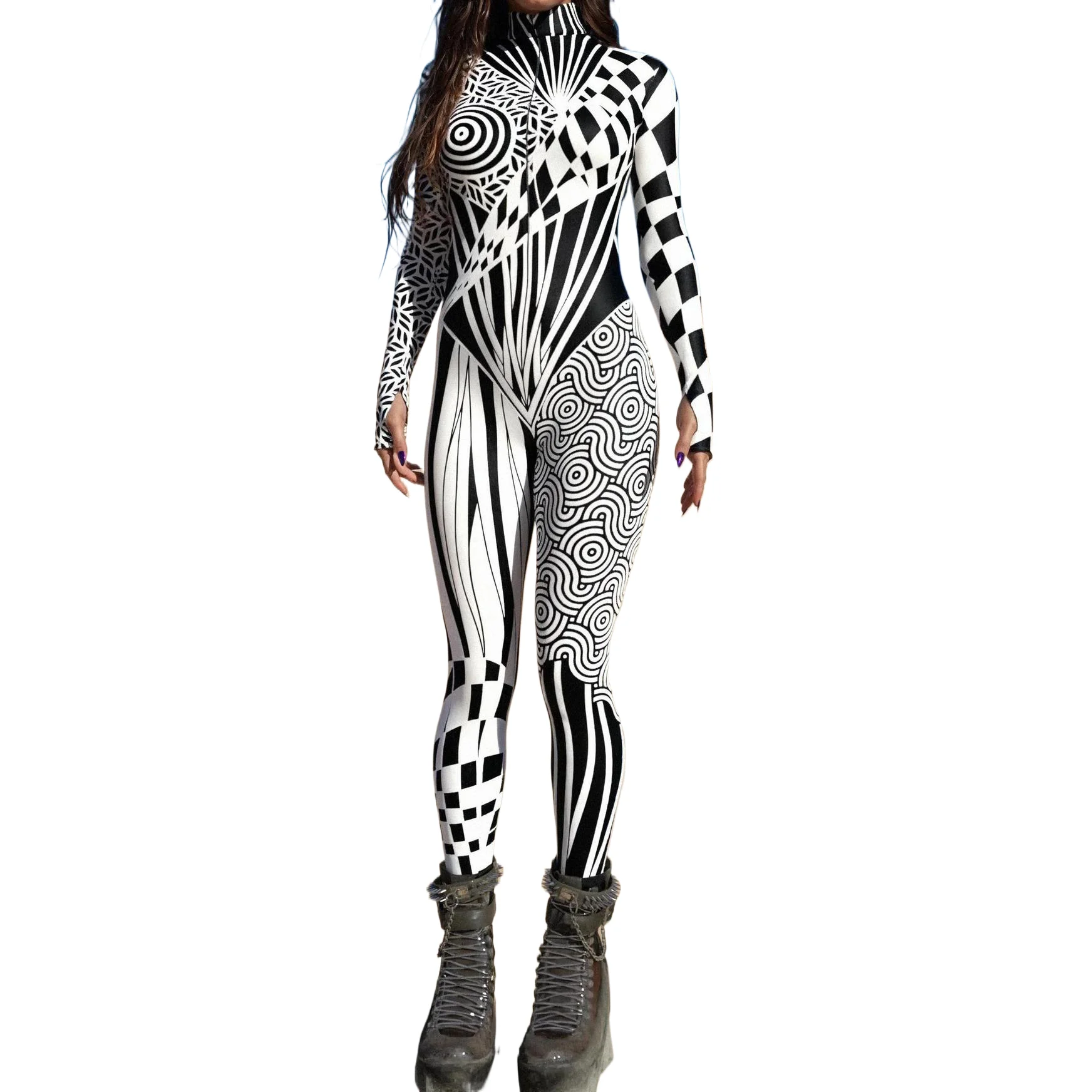 

Black And White Irregular Cyber Art Striped Tights Bodysuit Halloween Holiday Party Stage Role-playing Performance Costume Suit
