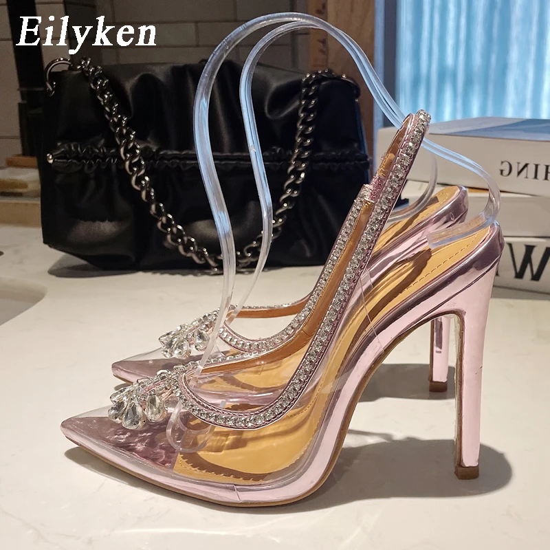 Eilyken PVC przezroczysty Rhinestone kobiety sandały pompy moda drążą pantofle wysokie obcasy buty ślubne